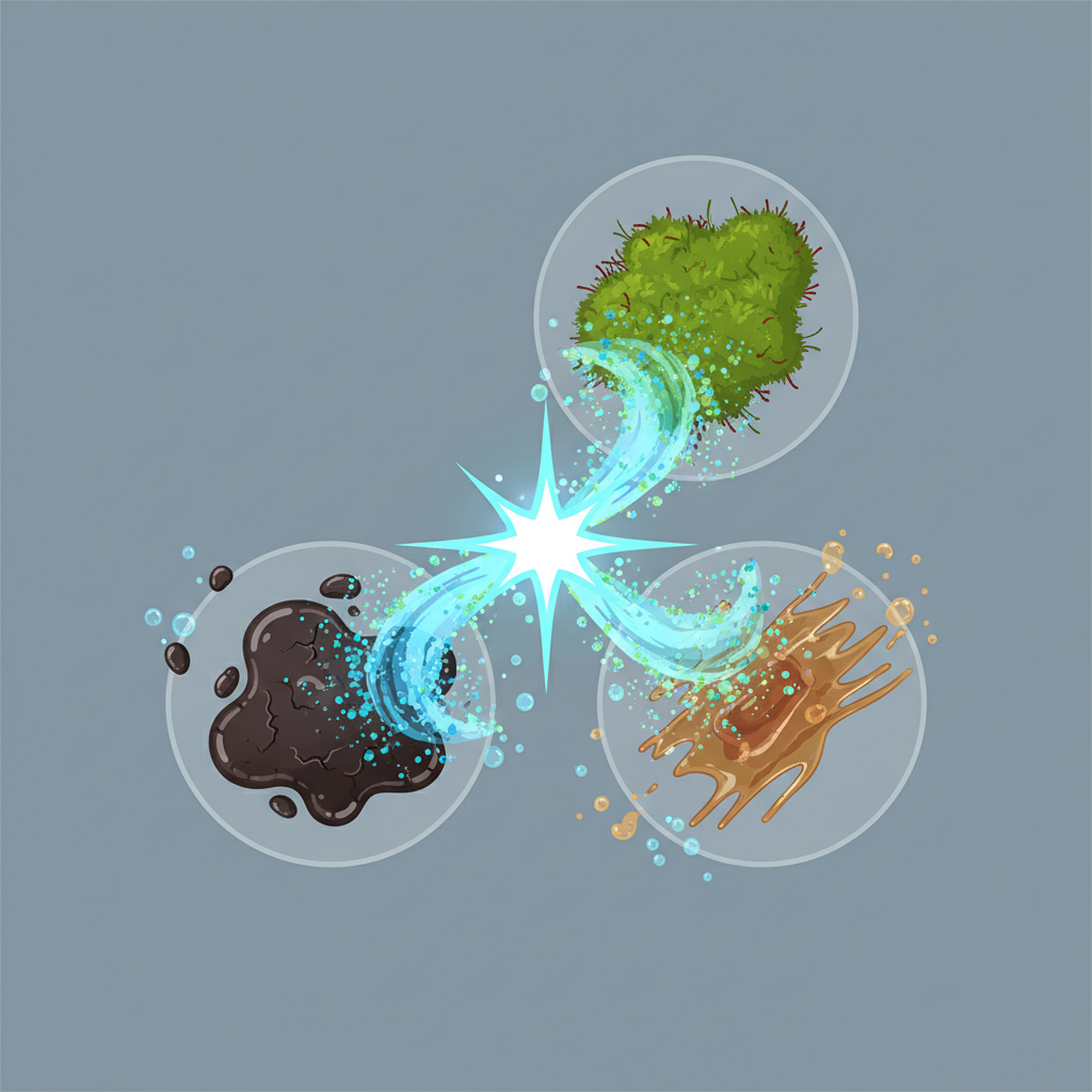 A vibrant, modern flat illustration depicting various types of stubborn dirt being targeted by a powerful cleaning agent. The composition features distinct zones: one showing a blob of dark, solidified kitchen grease, another a patch of green moss with tiny roots, and a third with brown, sticky adhesive residue. From a central, abstract source, a dynamic wave of swirling, energetic blue and green particles or liquid is shown actively breaking down and dissolving each type of dirt, indicated by small 'explosion' or 'dissolving' effects around the edges of the grime. The overall impression is an efficient, targeted, and powerful cleaning action against diverse challenges.