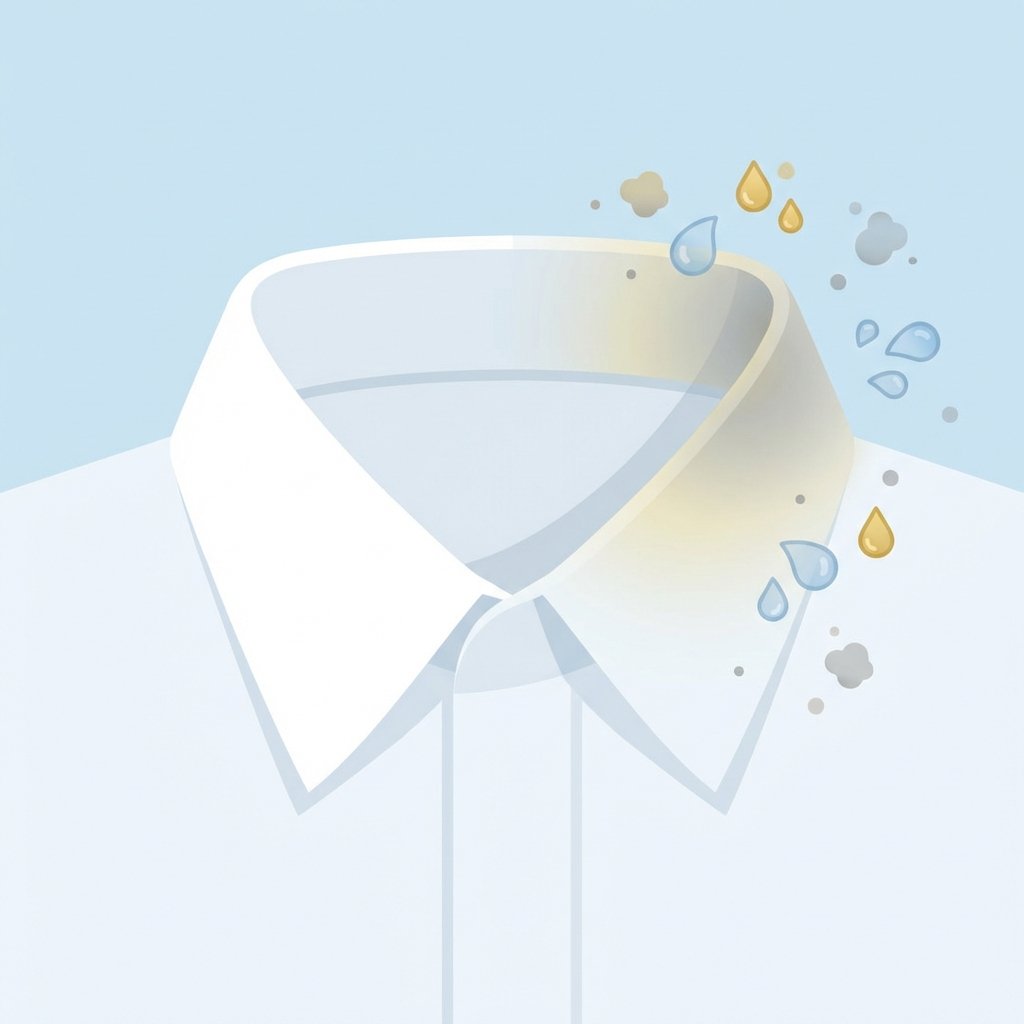 A close-up, stylized flat illustration of a white shirt collar. On one side, the collar appears pristine and bright white. On the other side, a subtle gradient of yellowish-grey discoloration emerges along the inner edge, representing accumulated dirt and grime. Small, abstract symbols like tiny oil droplets, sweat beads, and dust particles float around the discolored area, visually hinting at the causes without being overly explicit. The overall aesthetic should be clean and informative, highlighting the contrast between a clean and a soiled collar.