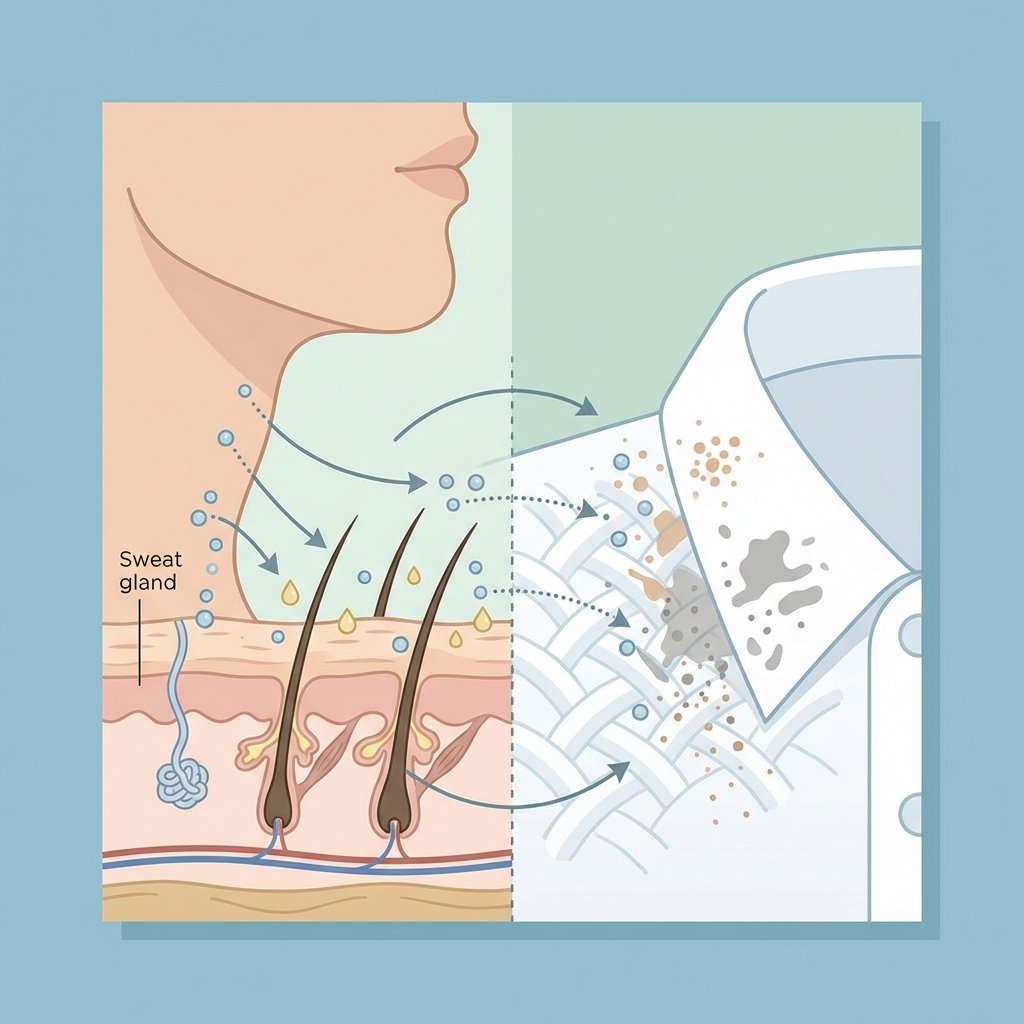 An infographic-style illustration depicting a cross-section of a person's neck and a white shirt collar in contact. The skin on the neck should show stylized representations of sweat glands and pores releasing tiny oil droplets (tallow) and sweat beads that transfer directly onto the fabric of the collar. Additionally, subtle representations of makeup particles or hair product residue could be shown adhering to the collar fibers. The focus is on the invisible transfer of various substances from skin to fabric, visually explaining the root causes of collar dirt in a clear, educational manner with soft colors.