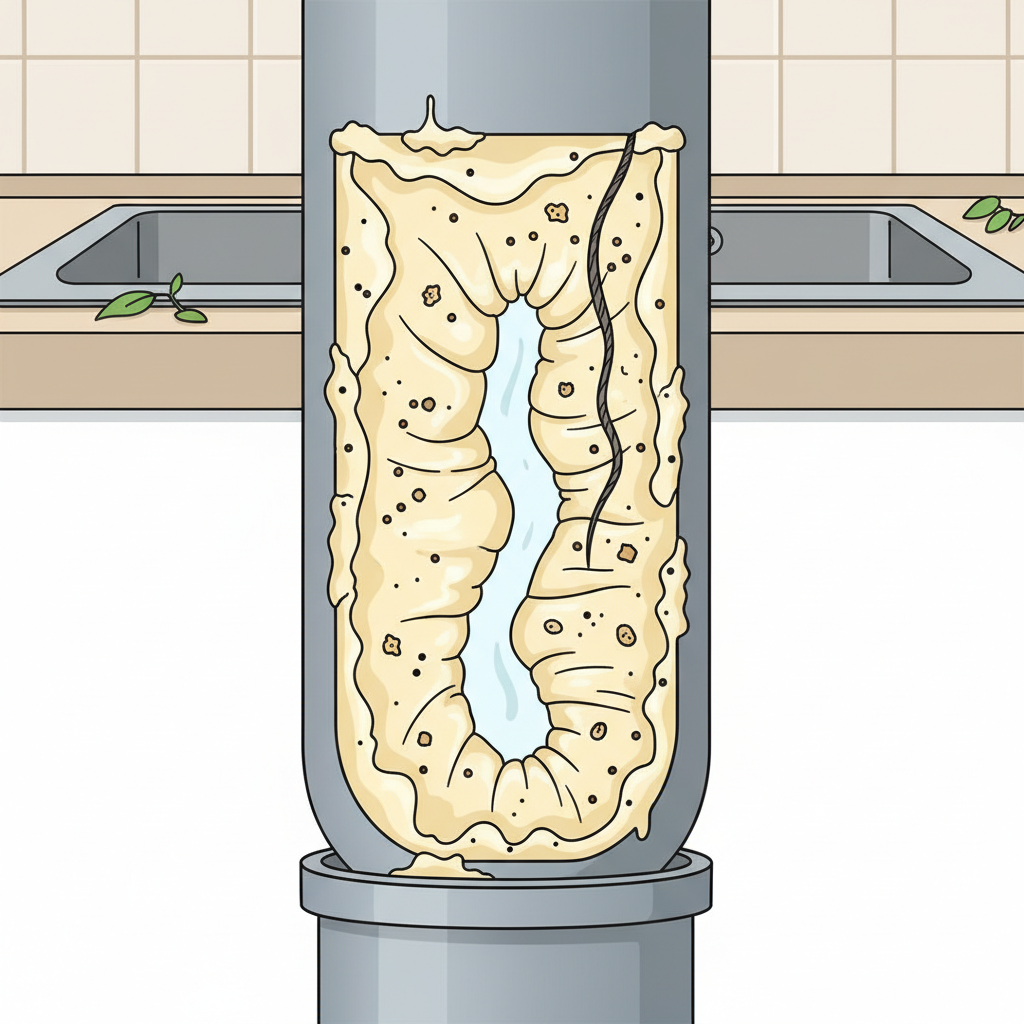 A detailed cross-section illustration of a clogged kitchen drain pipe. The pipe is shown vertically, revealing its internal structure. On the inner walls, thick, solidified layers of yellowish fat are visible, encasing various small food residues like coffee grounds, tiny crumbs, and even a dark strand of hair. The pipe's central opening is significantly narrowed by this buildup, with only a small, irregular channel remaining for water flow. The surrounding area subtly indicates a kitchen sink environment. The style should be clean and informative, akin to an infographic, clearly distinguishing between the pipe material, the blockage components, and the minimal water path.