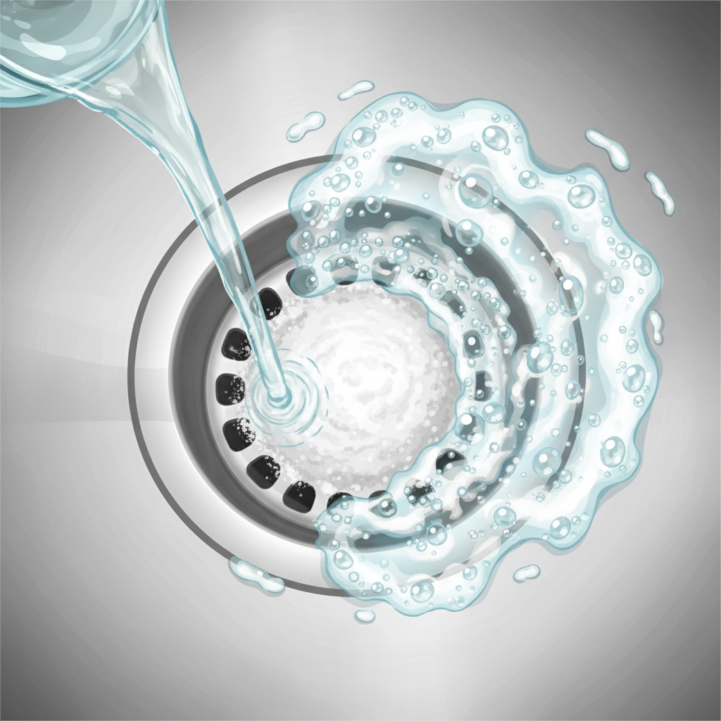 A vibrant, dynamic illustration capturing the chemical reaction inside a kitchen sink drain. The focus is a close-up, downward view directly into the drain opening. White baking soda powder is visible at the bottom. A stream of clear liquid, representing vinegar, is actively being poured into the drain, causing an energetic bubbling and foaming reaction. Swirls of white foam and numerous small bubbles are visibly rising and expanding within the drain opening, conveying the release of gas and the cleaning action. The surrounding sink area is clean, with a reflective surface. The style should be a mix of realism and illustrative elements, highlighting the effervescence.