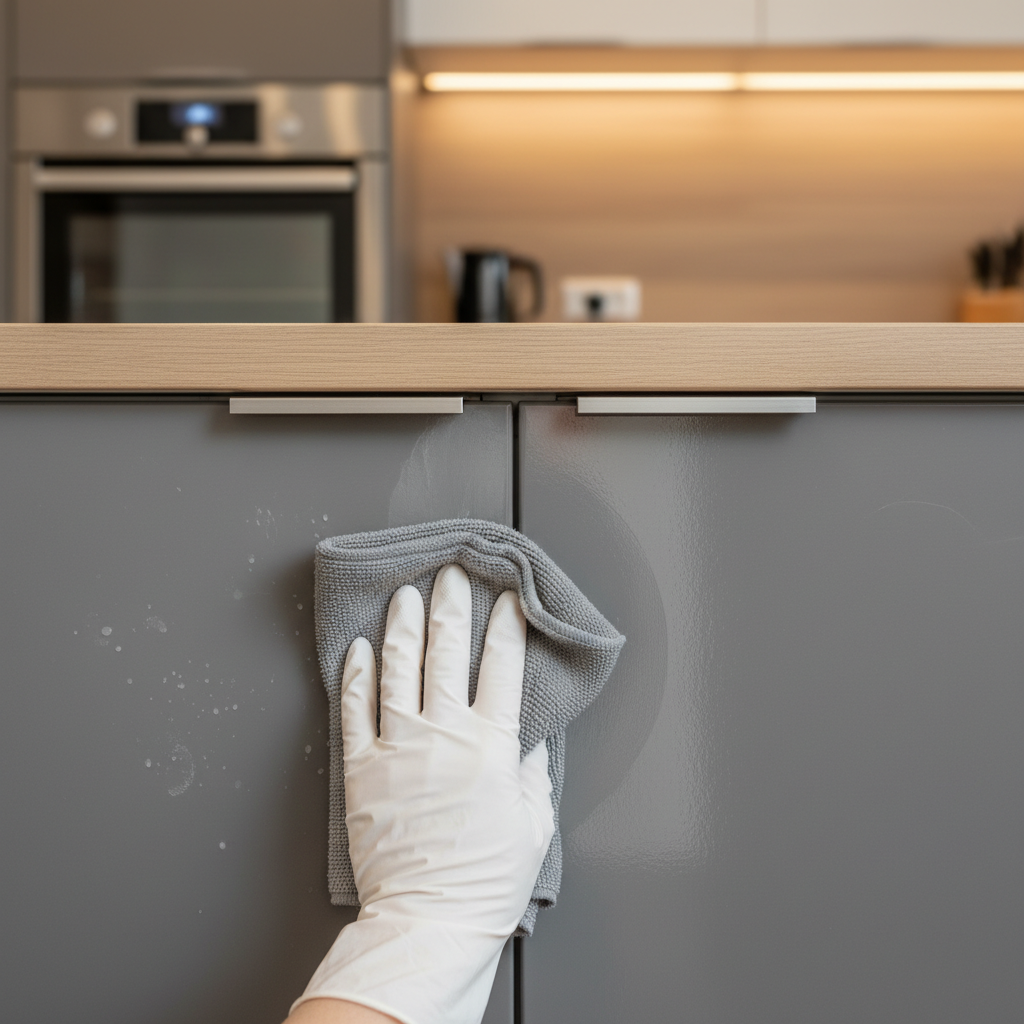 A professional photo of a modern kitchen cabinet door, meticulously divided visually into two halves. The left half displays visible signs of kitchen use: subtle grease splatters, smudges, and faint fingerprints, giving it a dull appearance. The right half gleams with a polished, spotless finish, reflecting ambient light beautifully and looking pristine. A hand wearing a clean white glove is gently wiping the middle section with a soft, microfiber cloth, emphasizing the transition from dirty to clean. The background is a softly blurred, warm-toned modern kitchen interior, maintaining focus on the cabinet.