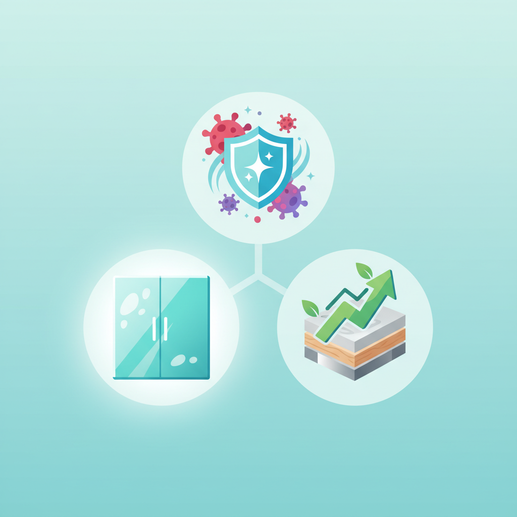 A vibrant, modern flat illustration depicting the three core benefits of cleaning kitchen fronts. The illustration is divided into three distinct, interconnected visual sections. The first section shows abstract, stylized germs or bacteria being effectively eradicated by a sparkling, clean shield. The second section features a highly polished, reflective kitchen cabinet surface radiating light, symbolizing enhanced aesthetics. The third section illustrates a stylized, durable material (like a cross-section of wood or sleek metal) with a subtle upward-trending arrow or growth symbol, representing extended lifespan and longevity. The color palette is fresh and clean, with a focus on light blues, greens, and whites.