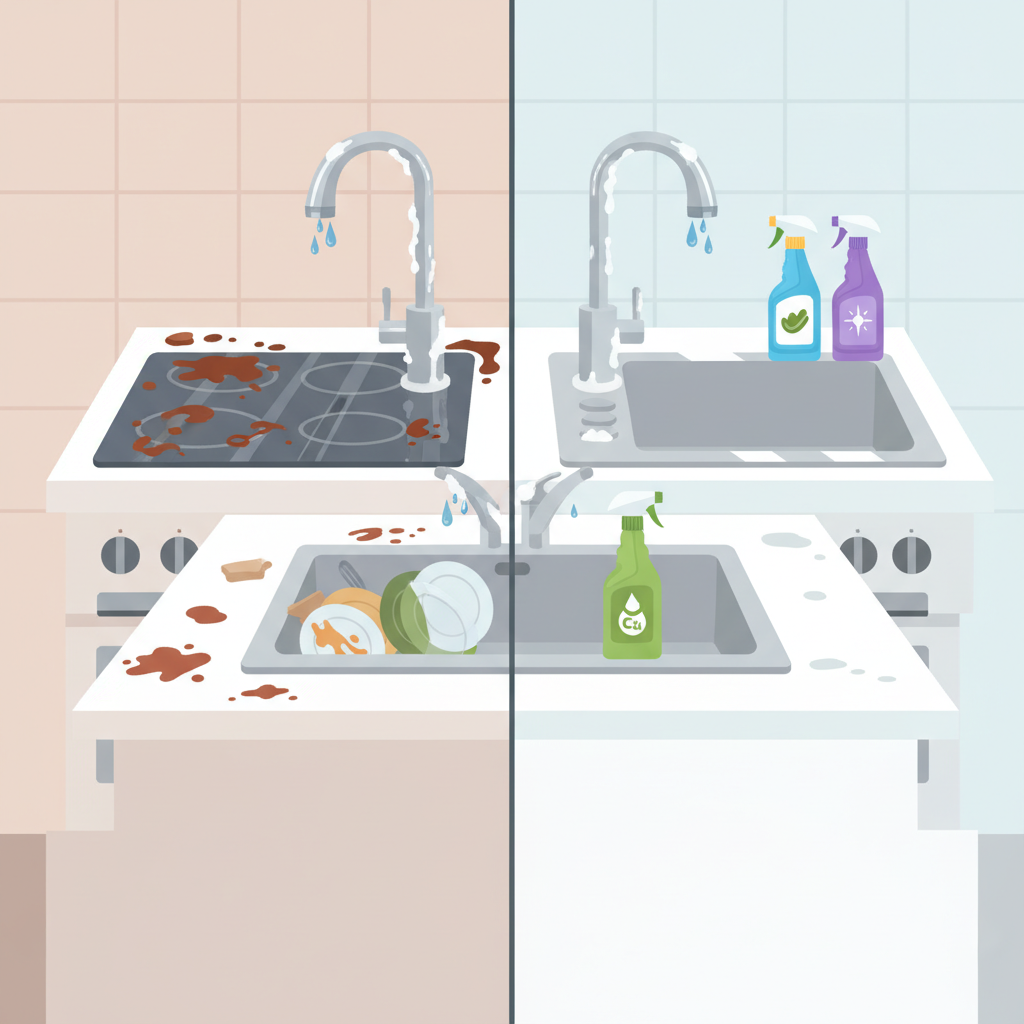A detailed flat illustration depicting a divided kitchen scene. On one side, various common kitchen messes are visibly present: greasy stovetop, limescale build-up around a faucet, and dried food splatters on a countertop. On the other side, the same kitchen areas are shown perfectly clean, sparkling, and free of any dirt. A set of generic cleaning product bottles (e.g., one for grease, one for limescale, one all-purpose) are subtly placed near the respective cleaned areas, implying their specialized use and effectiveness. The overall impression is one of effective problem-solving and transformation from dirty to impeccably clean.