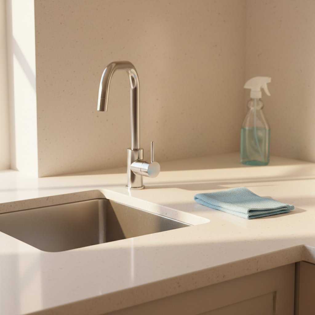 A professional, bright photo of a pristine, modern kitchen countertop, possibly made of light-colored stone or quartz, gleaming under warm, natural lighting. A stainless steel sink and a polished chrome faucet are impeccably clean and highly reflective. A soft, clean microfiber cloth is neatly folded next to the sink, and a simple, unlabeled spray bottle is subtly positioned in the background, hinting at recent cleaning. The scene conveys a strong sense of freshness, hygiene, and an inviting, sparkling clean environment.