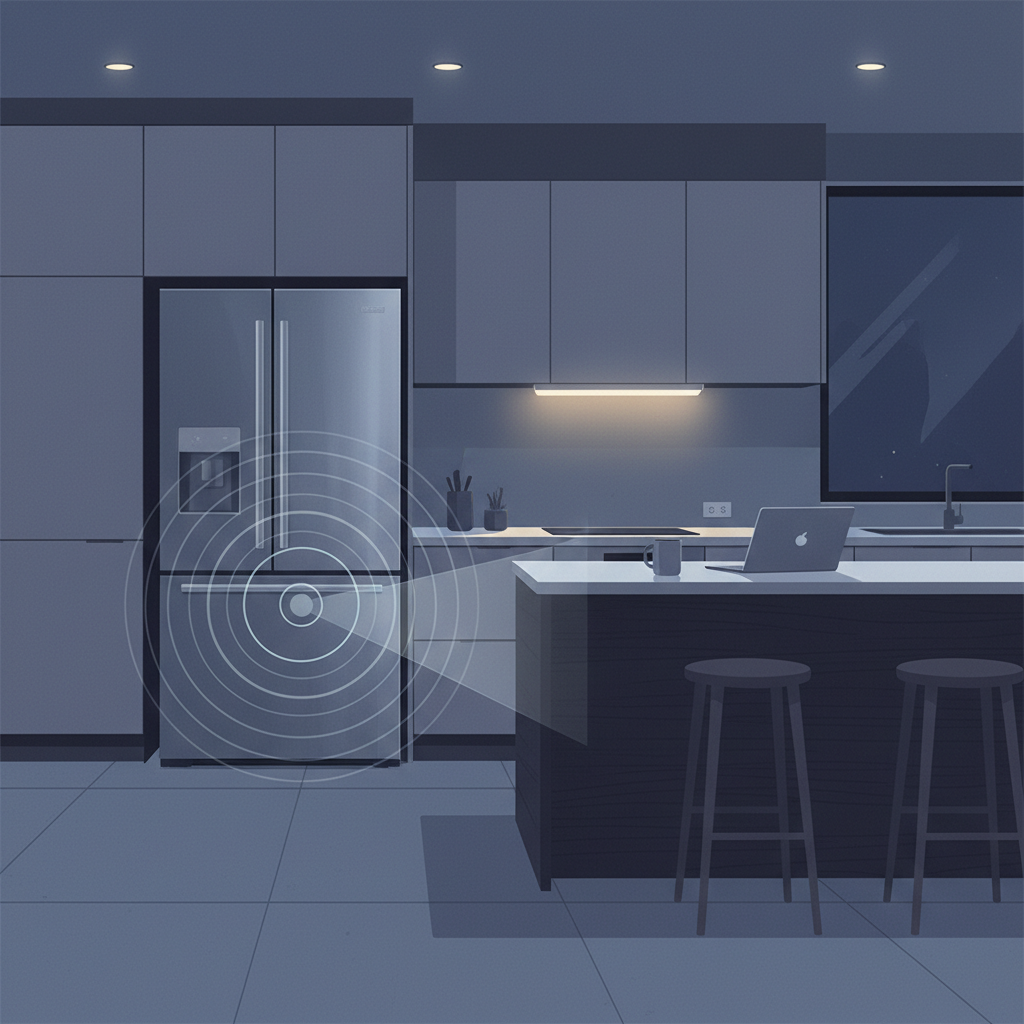 A modern, sleek refrigerator stands in a softly lit, quiet kitchen at night. Subtle, stylized sound waves or rings of vibration emanate from the appliance, visually representing the noise it's making in the otherwise serene environment. The overall atmosphere should be peaceful, highlighting how mechanical sounds become more noticeable in the stillness of night. Use a clean, contemporary flat illustration style with a cool, muted color palette focusing on blues, grays, and warm ambient kitchen lighting.