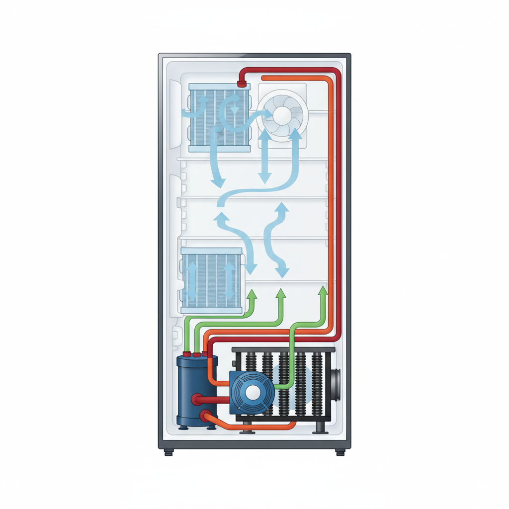 A clear, infographic-style cutaway diagram of a refrigerator, showcasing its internal workings. Clearly visible components include the compressor at the base, the evaporator fan inside the main cooling compartment, and the condenser fan typically at the back or bottom. Subtle arrows indicate the circulation of refrigerant through coils and the flow of cold air within the appliance. The illustration should be precise and easy to understand, using distinct colors for different components without any accompanying text.