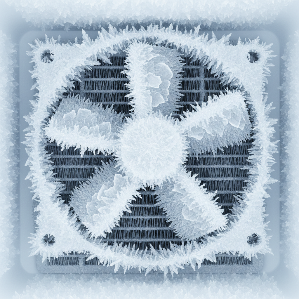 A detailed close-up illustration of an evaporator fan blade within a refrigerator's freezer section. The fan and its immediate surroundings are visibly covered in a thick layer of frost and ice accumulation, hindering its free movement. Emphasize the crystalline texture of the ice with realistic light and shadow, suggesting a blockage or malfunction. The style should be a realistic technical illustration with cool, icy blue and white tones.