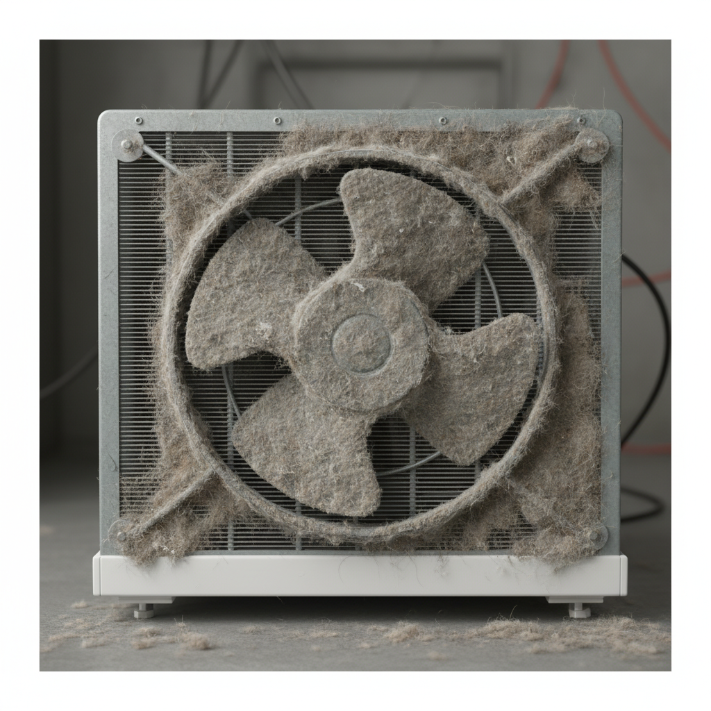 A detailed close-up illustration of the condenser fan located at the rear or bottom back of a refrigerator. The fan blades, motor housing, and surrounding grilles are heavily caked with a thick layer of dust, lint, and pet hair, visibly impeding its function and airflow. The illustration should convey a sense of neglect and dirtiness, using a realistic and slightly gritty texture for the accumulated dust, highlighting potential issues.