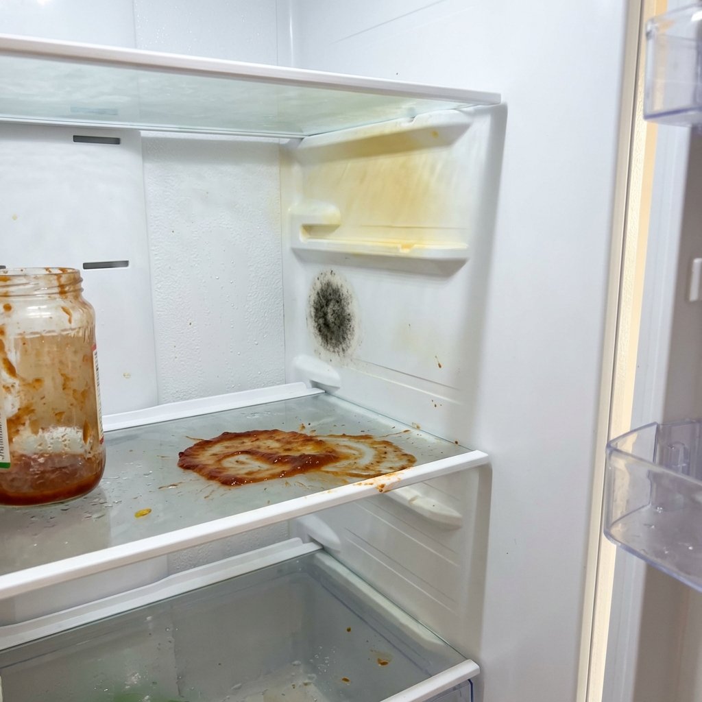 A close-up, eye-level shot inside a modern refrigerator, showcasing various common discolorations and stains. On a white plastic shelf, there's a visible reddish-brown stain, perhaps from spilled berries or sauce. In a corner of the back wall, a subtle dark, circular spot suggests mold growth, while a yellowed area indicates material aging. The overall scene should convey a sense of a neglected but soon-to-be-cleaned appliance. Professional photo style, with clear focus on the stained areas, using natural, bright lighting.