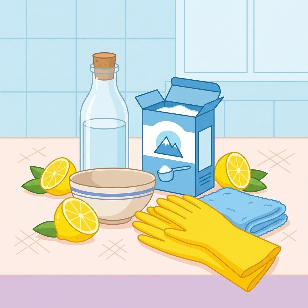 A vibrant flat illustration depicting a collection of natural cleaning essentials arranged artfully on a light-colored surface. A bottle of white vinegar, a box of baking soda (Natron), and several fresh lemon halves are prominently featured. Alongside these are a pair of protective yellow rubber gloves and a soft blue microfiber cloth. The arrangement should feel clean, organized, and inviting, symbolizing readiness for an effective and natural cleaning process. The background is a subtle, clean kitchen counter.