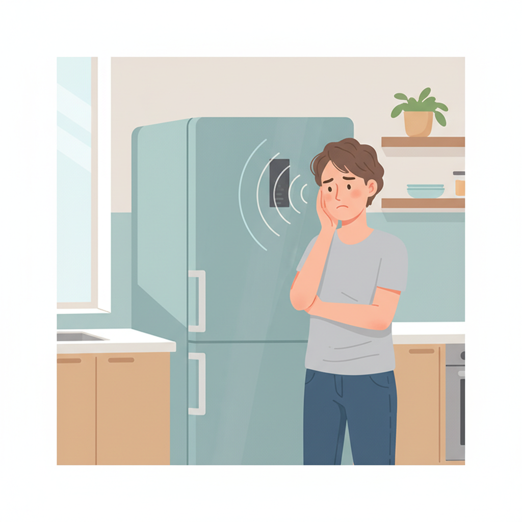 A clean, modern kitchen interior during the day. A slightly frustrated or bothered person (gender neutral, mid-adult) is standing near a refrigerator, perhaps with a hand subtly near their ear, indicating annoyance from a persistent, unseen sound. The sleek refrigerator itself seems to emit subtle, visual sound waves or vibrations that propagate from its surface, without showing any text or numbers. The overall mood is one of slight tension or irritation caused by the background noise. Flat illustration style with soft, relatable colors.