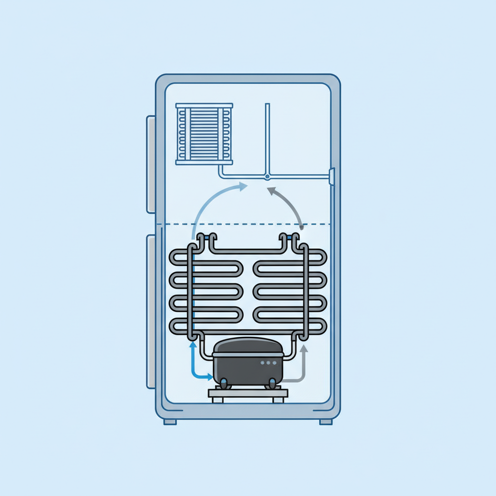 An infographic-style cutaway or exploded view of the lower back section of a typical upright refrigerator. Clearly depict the key components of the refrigeration cycle: the compressor at the bottom, condenser coils, evaporator coils (inside the main compartment), and subtle arrows illustrating the flow of refrigerant through these interconnected parts. Simplify the machinery to highlight the core elements responsible for cooling and potential noise. Clean lines, a palette of cool blues and greys, focusing on the functional circuit.