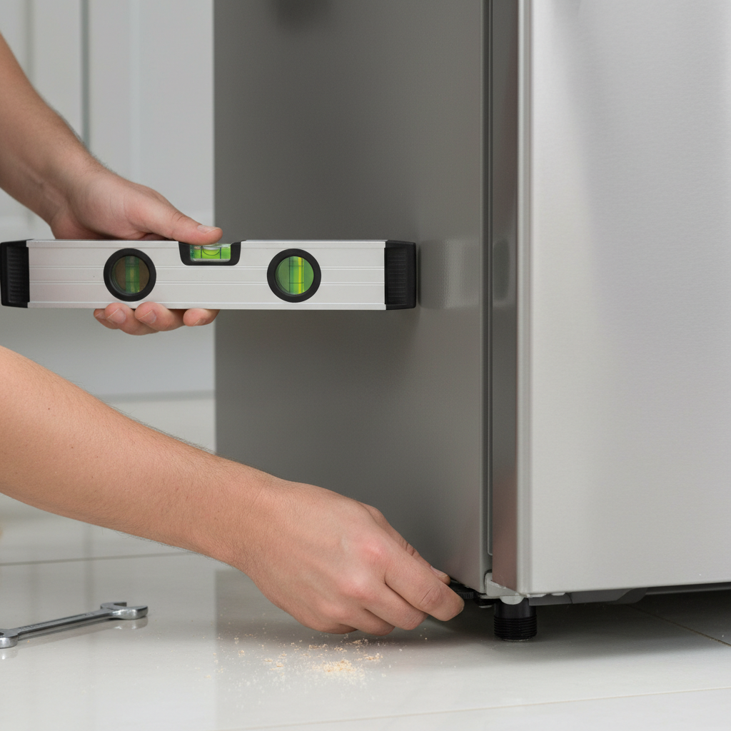 A close-up, eye-level perspective focusing on the bottom front corner of a modern, stainless steel or white refrigerator. A person's hands are visible, one holding a spirit level (Wasserwaage) against the base or side of the refrigerator to check its alignment. The other hand is actively turning one of the adjustable leveling feet at the very bottom, indicating the process of stabilizing the appliance. The background is a blurred, clean kitchen floor. Professional photo style, well-lit, emphasizing the practical adjustment.