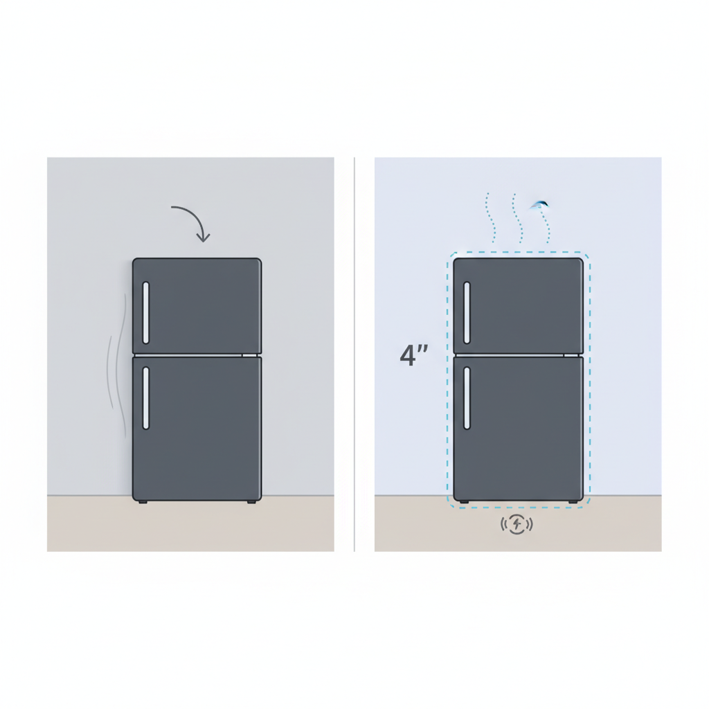A clear, diagrammatic illustration showing a refrigerator in profile view, positioned against a kitchen wall. The image is conceptually split or depicts two scenarios side-by-side. On one side, the refrigerator is pressed tightly against the wall, visually indicating a lack of space. On the other side, the same refrigerator is shown with a clear, noticeable gap (e.g., represented by a dashed outline or subtle shading) between its back and the wall, signifying adequate clearance for airflow and vibration reduction. Flat, clean illustration style with minimal detail, emphasizing spacing.