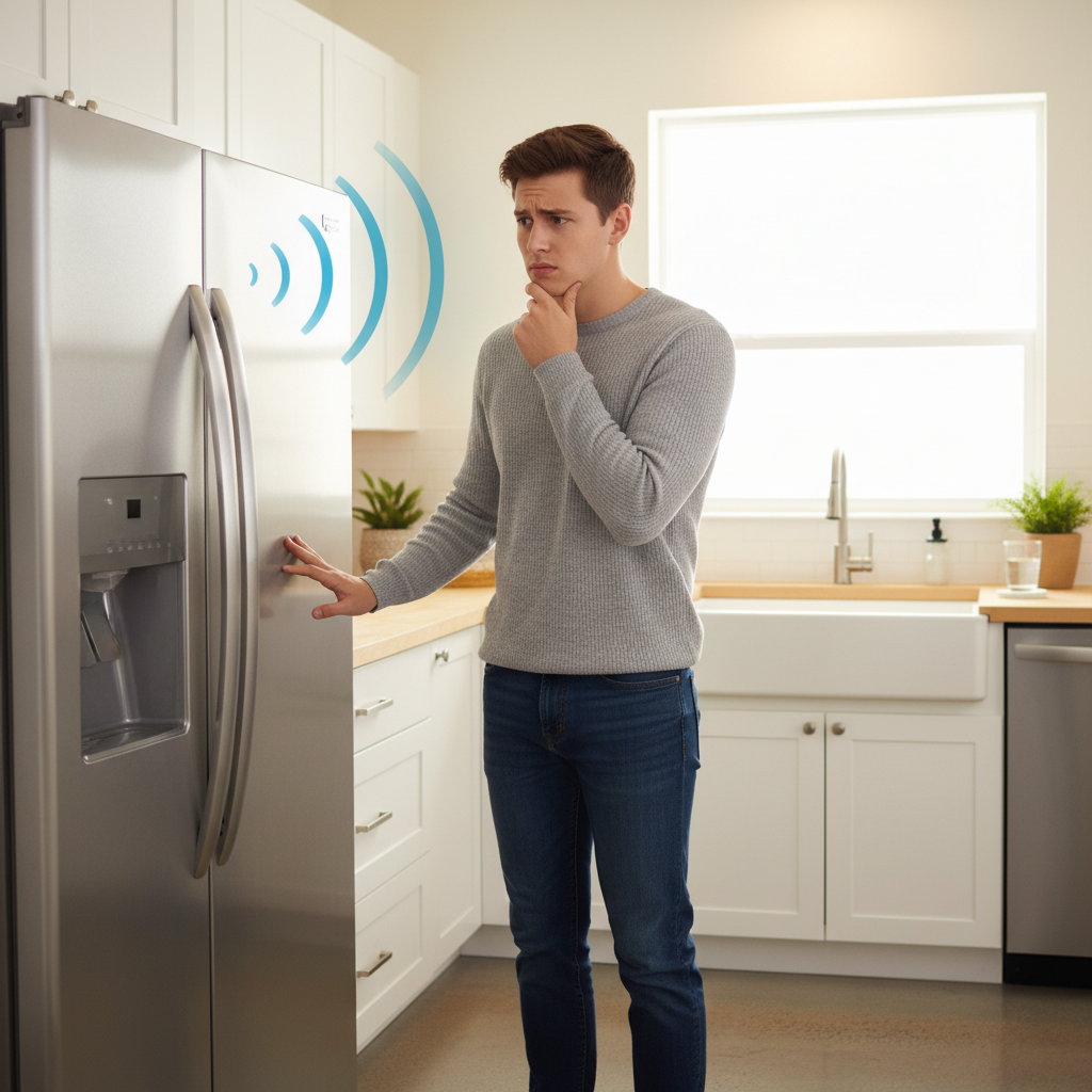 A worried person, perhaps a young adult, stands thoughtfully near a modern kitchen refrigerator. Their expression shows mild concern or curiosity as they seem to be listening intently. A subtle visual cue, like a stylized sound wave emanating from the fridge door, indicates a 'clicking' sound, but without any actual letters or symbols. The kitchen is clean and contemporary, with natural light. The overall style should be a professional photo with a slightly warm, inviting tone, emphasizing relatability and the initial feeling of annoyance or concern.
