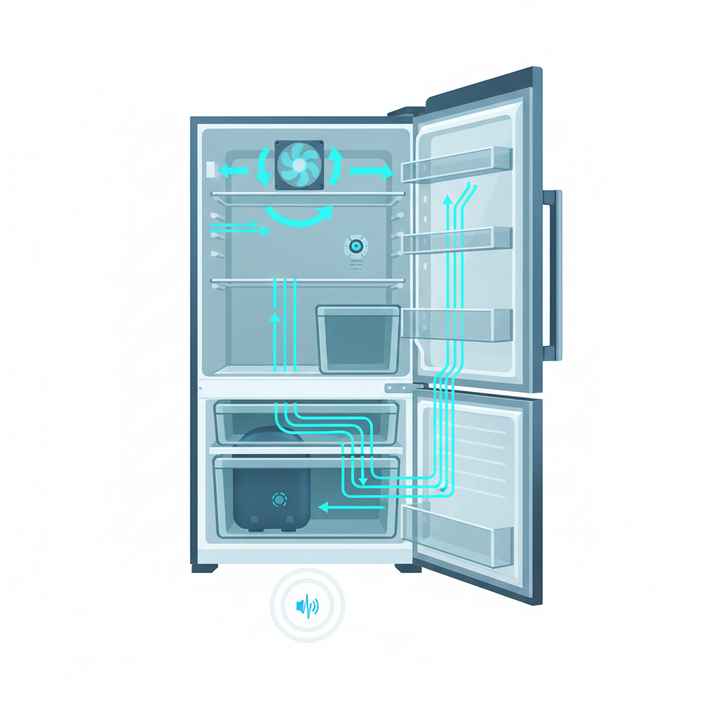 A detailed, stylized cutaway diagram of a typical modern refrigerator, revealing its internal workings. Clearly visible components include the compressor at the bottom, refrigerant lines snaking through the insulation, an internal fan, and a thermostat dial or sensor. Arrows or subtle visual indicators should represent the flow of refrigerant, air circulation, and the start/stop mechanism of the compressor, suggesting normal operational sounds. The style should be a clean, technical flat illustration with a slightly futuristic or infographic aesthetic, using a cool color palette.