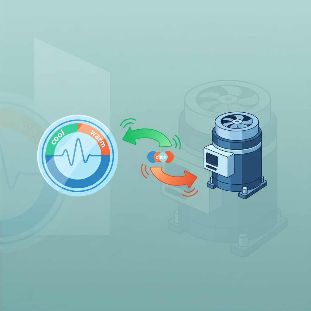 An infographic-style illustration depicting the symbiotic relationship between a refrigerator's thermostat and its compressor. On one side, a simplified thermostat dial or sensor is shown, perhaps with a wavy line representing temperature fluctuations. On the other side, a stylized compressor unit. Connecting them are abstract lines or arrows that visually convey a 'switching on' and 'switching off' action, subtly suggesting a 'click' at each transition. The background is clean and minimalistic, using a palette of cool blues and greens with accent colors for the active elements. No text or labels are present.