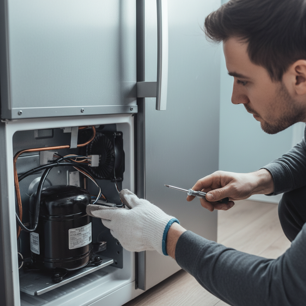 A close-up, slightly angled shot of a person's hands and upper torso as they carefully inspect the back panel or lower section of a modern refrigerator. One hand might be gently touching a component or holding a small, generic tool (like a screwdriver, but not prominently featured). The focus is on the act of examination and problem-solving, implying a search for the source of a sound. The background shows a bit of the kitchen wall and flooring. The style should be a professional, slightly desaturated photo, conveying a practical, hands-on troubleshooting approach.