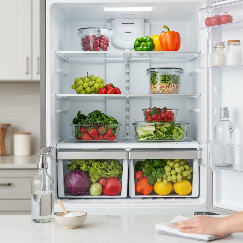 A professional, brightly lit photo capturing an open, sparkling clean refrigerator interior. The shelves are neatly organized with fresh, colorful fruits, vegetables, and sealed containers. In the foreground, a pair of hands is gently wiping a shelf with a white cleaning cloth. A clear glass spray bottle and a simple bowl with a white powdered substance are subtly placed on the counter next to the fridge, hinting at natural cleaning agents. The image should convey freshness, hygiene, and diligent household care.