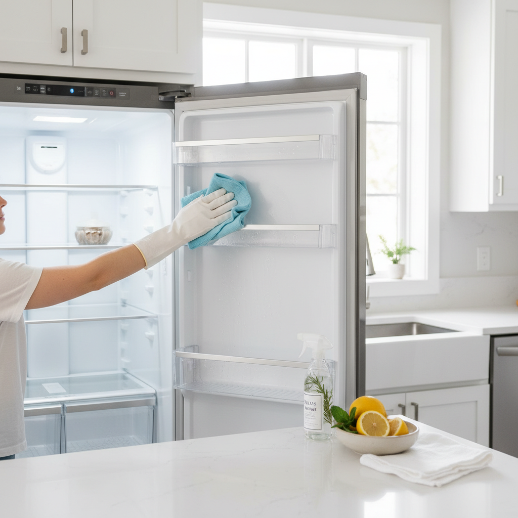 A professional photo of a bright, modern kitchen interior. An open, sparkling clean refrigerator is the focal point. A person's hands, wearing light gloves, are actively wiping down an empty shelf inside the fridge with a microfiber cloth. On a nearby countertop, natural cleaning supplies like a spray bottle, a small bowl of lemon slices, and a fresh cloth are neatly arranged. The scene emphasizes hygiene, freshness, and the act of cleaning, with soft, natural lighting.