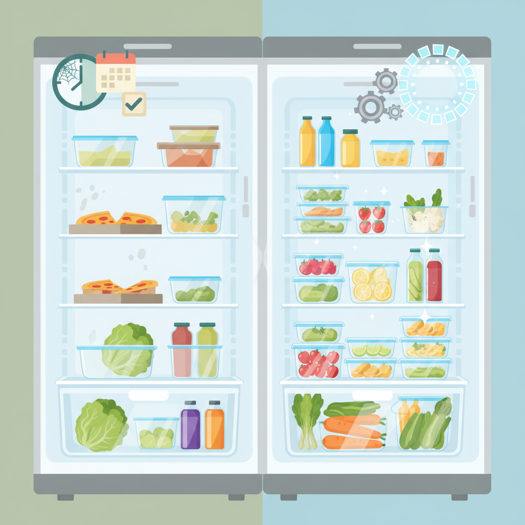 A modern flat illustration depicting a conceptual representation of refrigerator cleaning frequency. On one side, a slightly disorganized and subtly smudged fridge interior suggests infrequent cleaning. On the other side, a pristine, well-organized fridge interior, gleaming and fresh, represents regular cleaning. Abstract graphic elements, such as subtle clock icons or calendar elements, are visually incorporated without any actual text, to imply different time intervals for cleaning. The color palette should be clean and inviting, with a clear distinction between the two states.
