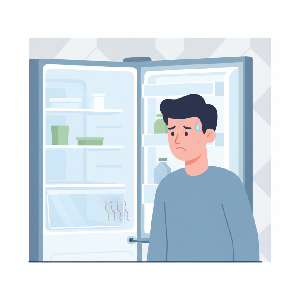 A person, visibly frustrated and with a slightly crinkled nose, peers into a refrigerator that appears superficially clean. Subtle, wavy visual lines representing an unpleasant odor emanate from a specific, often overlooked area like the rubber door seal or the drain hole at the back of the fridge, suggesting the source of a persistent smell despite cleaning. The overall impression is one of exasperation with a lingering problem. Style: Modern, clean flat illustration with a focus on human emotion and subtle environmental cues.