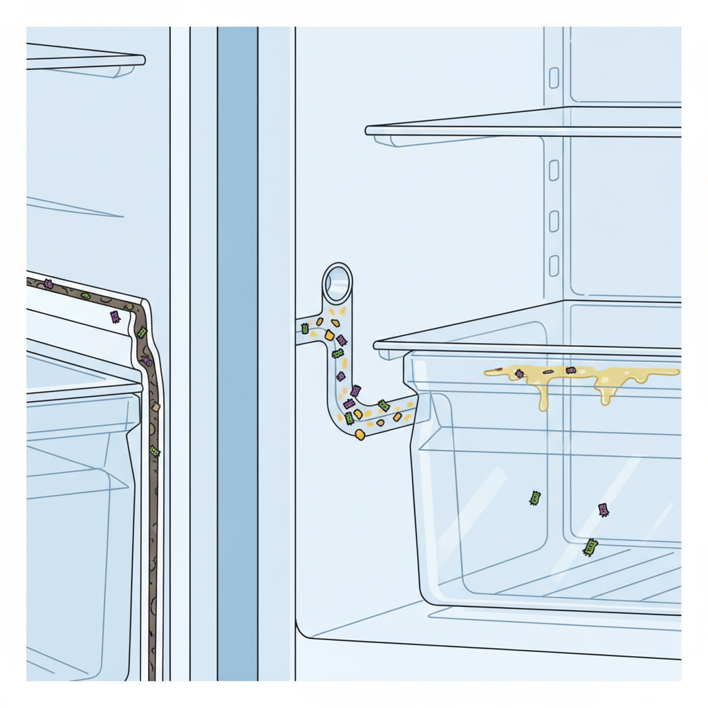 A stylized, cutaway diagram of a refrigerator interior, focusing on common hidden odor sources. Clearly depict a cross-section of a rubber door gasket with accumulated grime, the drain hole and channel with tiny food particles, and the underside of a shelf or drawer runner with unseen residue. Small, simplified visual representations of bacteria or mold can be subtly embedded in these problem areas. Style: Infographic-style illustration with clear lines and a functional aesthetic, suitable for explaining complex details simply.