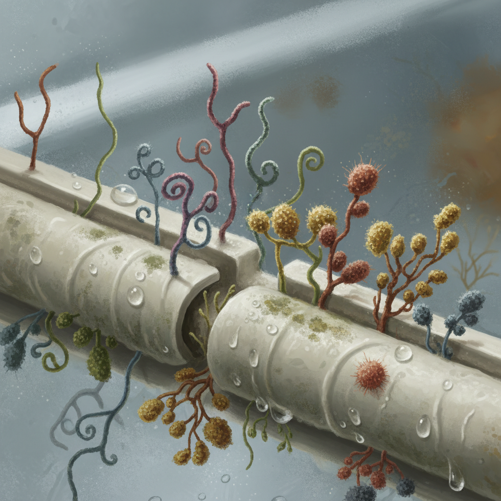 A macro, close-up shot of a neglected, damp section within a refrigerator, such as the inside of a rubber door seal or the edge of a drain channel. Visible are tiny, stylized colonies of bacteria and mold growing on a slightly discolored, moist surface. The microscopic organisms are depicted in an illustrative, not overly realistic, way to convey their presence as odor culprits. Style: Detailed digital painting with a slightly magnified, scientific illustration feel, using muted but distinct colors for the microbial growth.