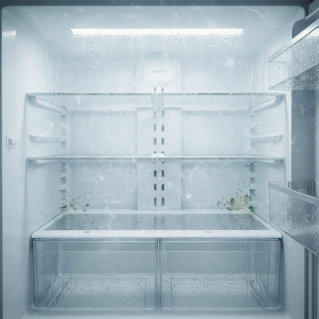 An interior view of a refrigerator with visible condensation droplets clinging to the inner back wall and the underside of shelves. A slight, ethereal mist effect fills the air, emphasizing high humidity. In the dampest areas, subtle, almost invisible hints of microbial growth (like very faint discoloration or texture) are starting to appear, suggesting the ideal environment for odor-causing agents. Style: Clean, professional product photography with soft lighting that emphasizes moisture and texture, perhaps with a subtle artistic filter.