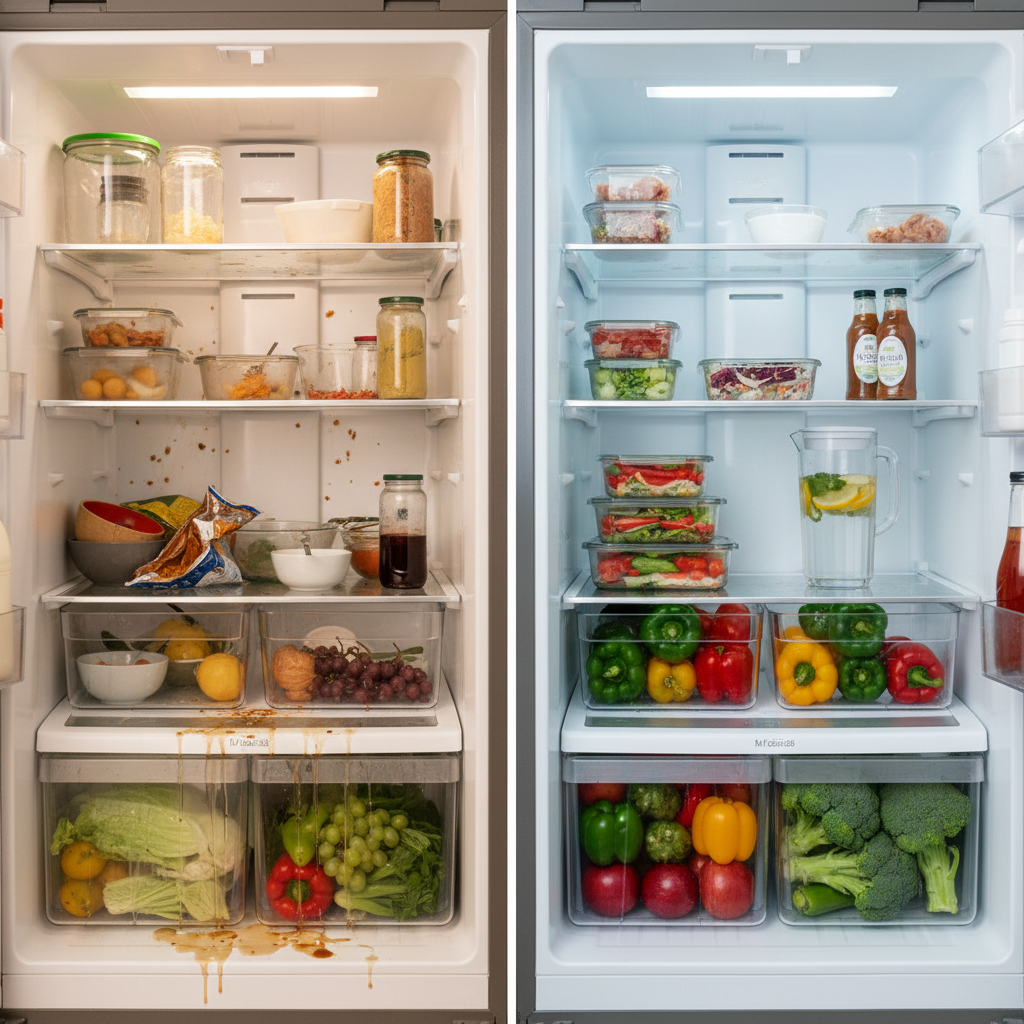 A professional split-screen photo capturing the 'before and after' of a refrigerator. On the left side, the interior of a refrigerator is depicted as slightly cluttered and somewhat dirty, with minor food stains, crumbs, and smudges on shelves and door seals, conveying a sense of neglect. On the right side, the exact same refrigerator interior is shown sparkling clean, neatly organized with fresh fruits and vegetables, and a bright, airy feel. The transformation emphasizes enhanced hygiene, freshness, and optimal food preservation.