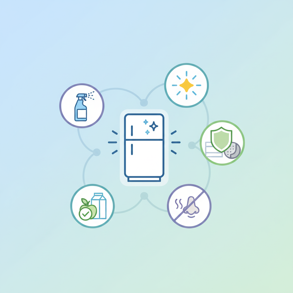 A clean, modern flat illustration in an infographic style, visually representing the key attributes of an effective refrigerator cleaner. The central element is an abstract symbol of a clean refrigerator. Surrounding it are several interconnected visual icons: a stylized 'sparkle' or cleaning burst for 'effectiveness', a protective shield over various fridge materials (plastic shelf, rubber seal) for 'material compatibility', a 'no bad odor' symbol (like a crossed-out wavy line) for 'odor neutrality', a simple green leaf or checkmark over a food item for 'food safety', and a simplified spray bottle for 'user-friendliness'.