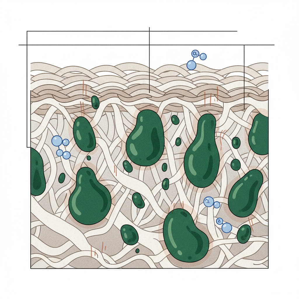 An abstract, infographic-style illustration detailing the microscopic challenge of pumpkin seed oil stains. The image should feature a magnified cross-section of a fabric fiber, depicted as a porous structure. Deep green, irregular droplets, symbolizing the oil's lipids and pigments, are shown deeply embedded and interwoven within these fibers, illustrating their stubborn nature. Subtle visual cues, like faint reddish-brown edges around some embedded droplets or small abstract representations of oxygen molecules nearby, could subtly suggest the oxidation process making the stain permanent. The overall aesthetic should be clean and informative.