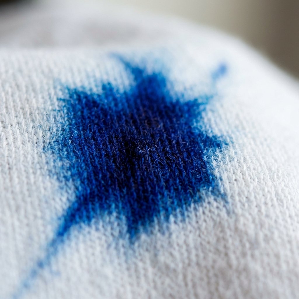 A detailed macro photograph capturing a vibrant blue ballpoint pen ink stain on a crisp white shirt fabric. The ink appears deeply absorbed and slightly diffused within the interwoven fibers, conveying its stubborn and challenging nature to remove. The focus is sharp on the intricate texture of the cloth and the vivid, problematic stain, emphasizing the difficulty of the task. Professional product photography style with a shallow depth of field, highlighting the stained area.