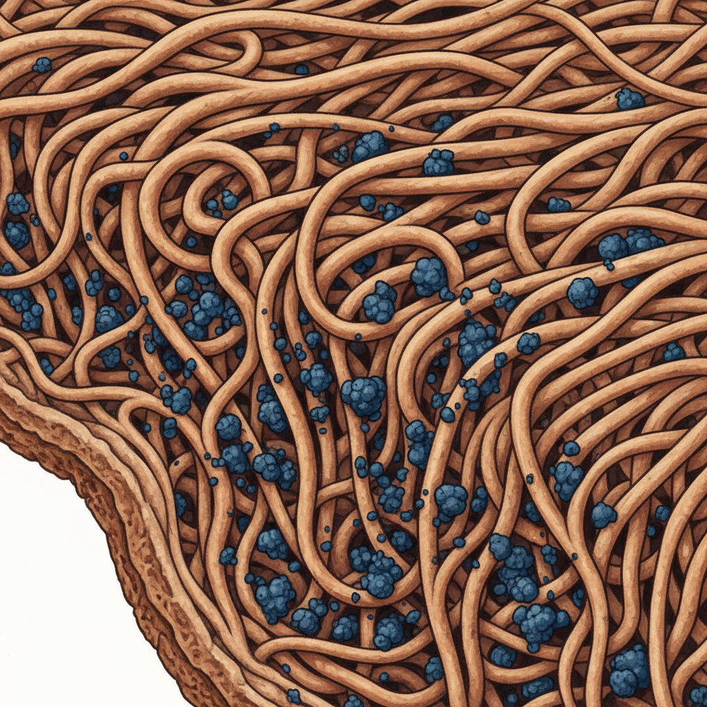 A highly detailed, macro-photography style illustration depicting a cross-section of leather material. Show the intricate, porous structure of the leather fibers. Deeply embedded within these fibers, visualize dried, dark blue ballpoint pen ink particles, clinging firmly to the internal structure, extending well beyond the surface layer. The ink should appear stubborn and integrated, emphasizing the difficulty of removal. The background should be a subtle, natural leather tone, suggesting depth and material composition.