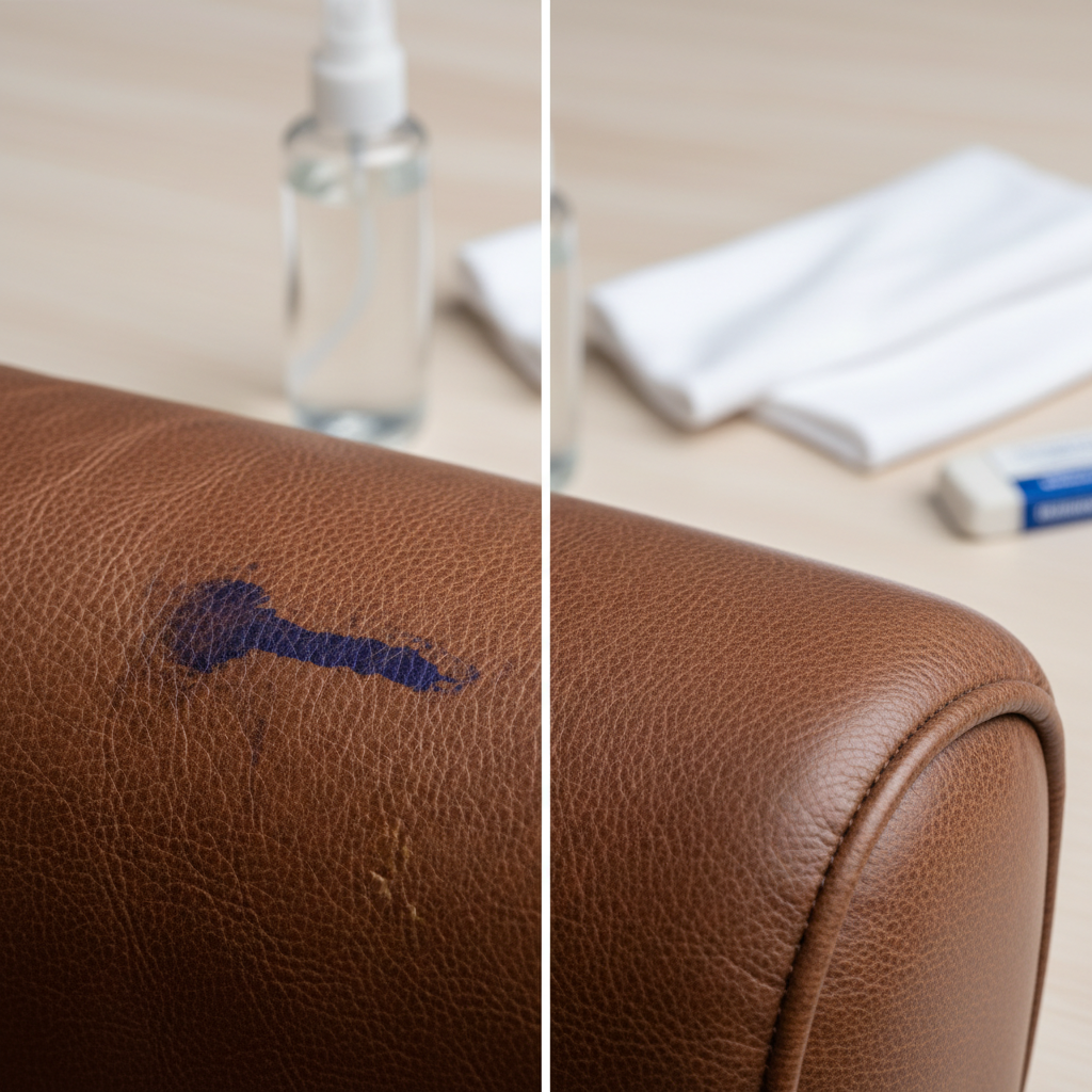 A professional close-up photo of a luxurious brown leather surface, like an armchair armrest or a jacket sleeve. One side of the image prominently displays a noticeable, dried blue ballpoint pen stain, illustrating the 'before' state. The other side transitions to show the same leather area, now completely clean and pristine, representing the 'after' state. In the background, slightly out of focus, are essential cleaning items: a bottle of specialized leather cleaner, a clean white microfiber cloth, and a white eraser, subtly suggesting the tools used for the transformation. The leather texture should be highly detailed.