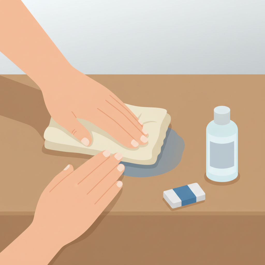 A clean, detailed flat illustration depicting a pair of generic hands carefully engaging in the leather cleaning process. One hand holds a soft, light-colored microfiber cloth, gently dabbing a distinct, dried blue ballpoint pen stain on a smooth, tan leather surface. The stain is visibly reducing or lightening under the cloth. Nearby, on the same leather surface, a small, white eraser and a discreet bottle of leather cleaning solution are present, indicating the tools. The overall scene should convey a sense of careful action, precision, and the step-by-step nature of the stain removal process, with soft lighting.