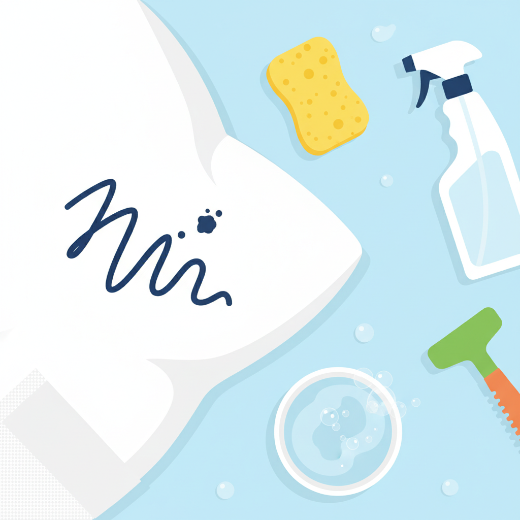 A stylized, clean flat illustration depicting a common household scenario of a ballpoint pen stain. On one side, a dark blue or black pen mark aggressively mars a pristine white textile surface, like a shirt cuff or sofa cushion. The stain appears deep and resistant. On the other side, an assortment of generic cleaning tools or common household items (a sponge, a spray bottle, a small bowl) are subtly arranged, suggesting a solution is at hand. The overall mood should convey the challenge of stubborn stains but also the promise of effective remedies. The composition should be bright and inviting.