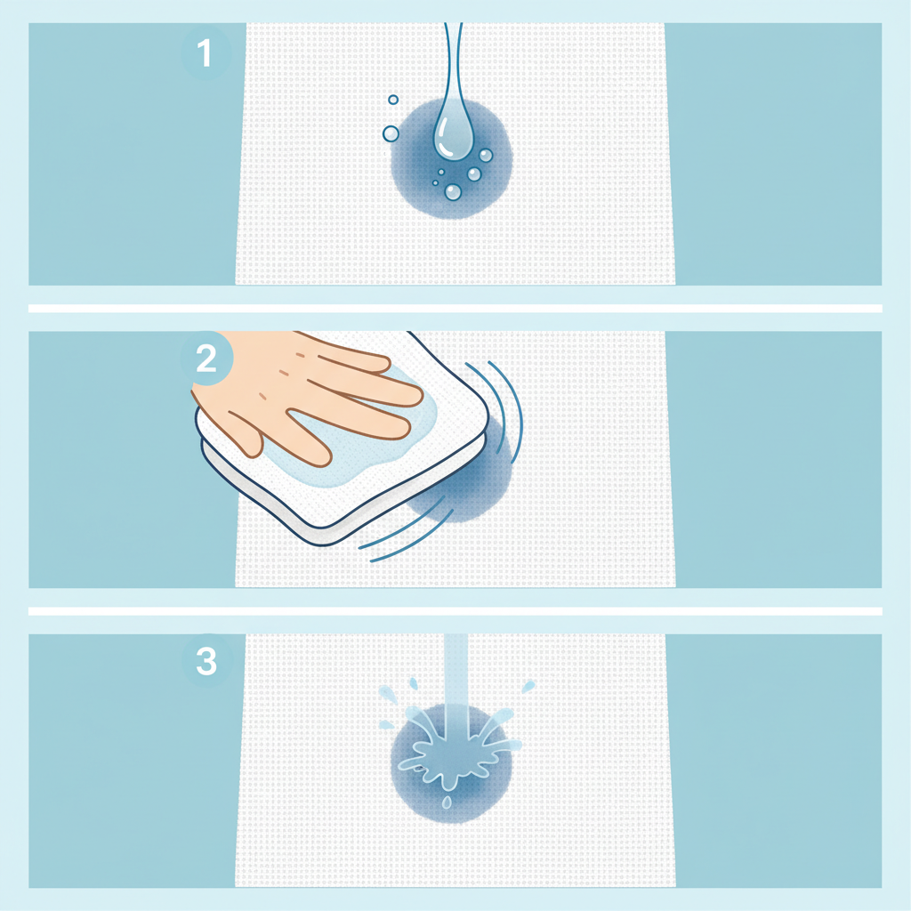A vibrant, step-by-step infographic-style illustration demonstrating the 'dish soap and water' method for removing ballpoint pen stains from fabric. The sequence shows a white fabric patch with a distinct pen stain. Frame 1: A single drop of mild, clear dish soap being carefully applied directly onto the stain. Frame 2: A clean, damp cloth gently dabbing the stained area, with faint ripples indicating the scrubbing motion. Frame 3: The fabric being rinsed under a gentle stream of cold water, the stain visibly lighter or almost gone. The background should be minimalist, highlighting the process.