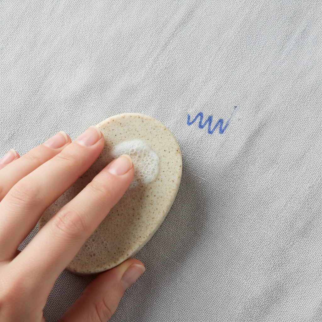A close-up, top-down view of hands gently rubbing a bar of natural, beige gall soap onto a fresh, blue ballpoint pen stain on a light grey or white cotton fabric. The fabric should show visible fibers, and the pen stain should appear distinct but not excessively large, perhaps a few lines or a smudge. A slight lather or suds should be visible where the soap meets the fabric. The overall scene should convey a sense of gentle yet effective cleaning, with good lighting highlighting the textures of the soap and fabric. Professional photo style.