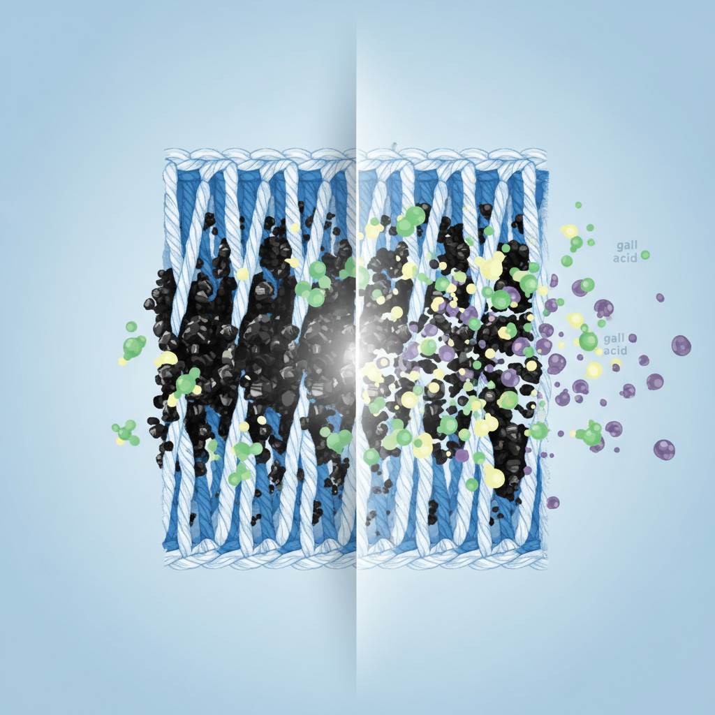An illustrative depiction of the microscopic action of gall soap on a fabric fiber and ink stain. The image should be divided or show a clear progression. On one side, a magnified view of a fabric thread with deeply embedded dark ink particles (representing the ballpoint pen stain). On the other side, or subtly integrating, stylized 'gall acid' molecules (small, abstract shapes) are shown actively surrounding and breaking down the ink particles into smaller, dissolvable components, lifting them from the fiber structure. Use a clean, modern infographic or sophisticated flat illustration style with clear separation and movement.