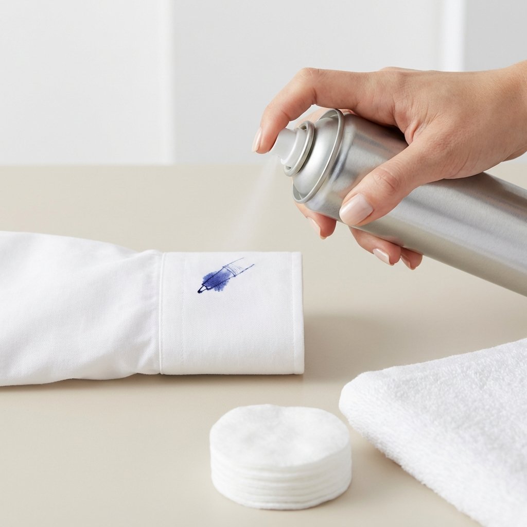 A professional, bright studio photo showing the process of removing a ballpoint pen stain. A clean, white cotton fabric swatch (like a shirt cuff) is laid flat on a light-colored surface. A prominent, fresh blue ballpoint pen stain is visible on the fabric. A hand, with clear, unadorned nails, is holding an aerosol can of hairspray, subtly angled to spray towards the stain. In the foreground, a few white cotton pads or a folded clean cloth are visible, ready for blotting. The lighting is soft and even, highlighting the texture of the fabric and the spray nozzle.