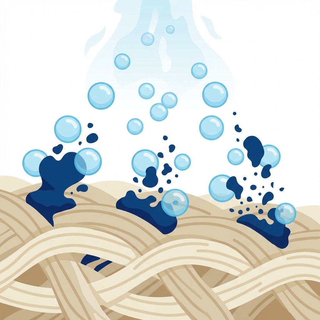 A vibrant, informative flat illustration depicting the microscopic interaction of hairspray components with ink. The foreground shows a magnified cross-section of fabric fibers, with dark blue ink pigments deeply embedded within them. From above, stylized alcohol molecules (represented as small, transparent, light blue spheres) are shown descending and actively surrounding, dissolving, and lifting the ink pigments away from the fabric strands. A faint, ethereal mist originating from the top of the frame hints at the hairspray application. The background is a clean, minimalistic white, emphasizing the scientific process.