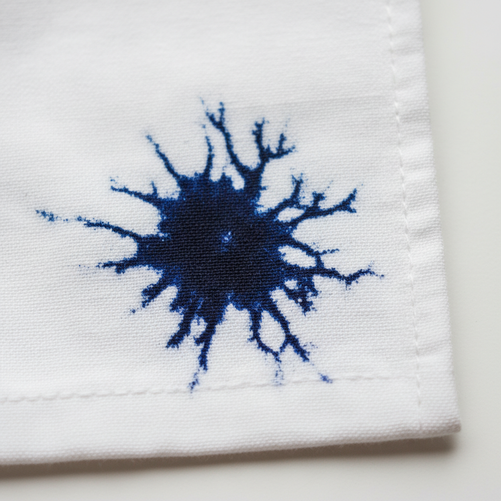A close-up, professional photograph of a white fabric, like a shirt cuff or tablecloth, prominently displaying a dark blue ink stain from a pen. The stain should appear deeply set into the fabric's fibers, visually suggesting its stubborn penetration into the material. The background is clean and simple, ensuring the focus remains entirely on the stained fabric. This realistic image uses sharp focus and natural lighting to emphasize the texture and the challenge of the ink mark, suitable for a blog article about stain removal.