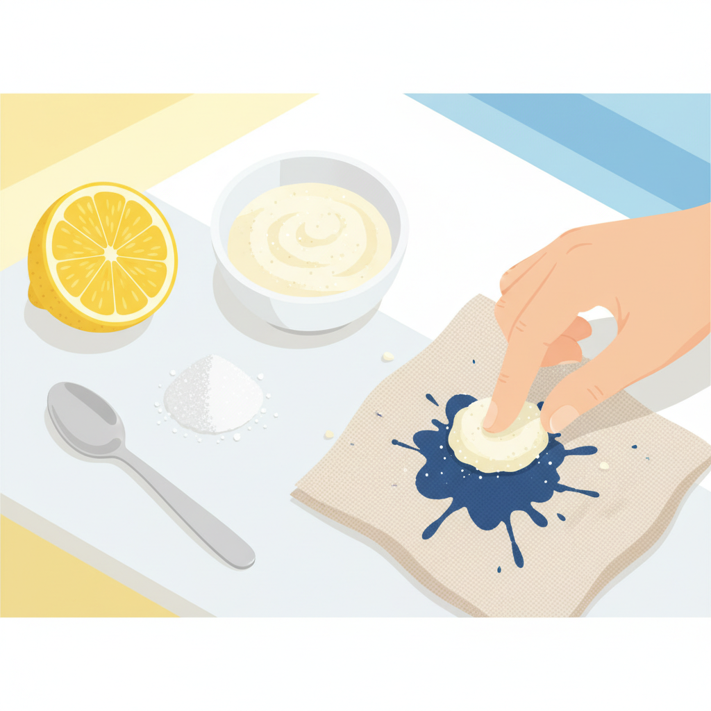 A vibrant, clean flat illustration depicting the preparation and application of a homemade stain remover. On a pristine surface, a halved lemon, a small pile of granular salt, and a mixing spoon are neatly arranged. Adjacent to these, a small bowl contains a freshly mixed, slightly pasty blend of lemon juice and salt. A gentle hand is shown carefully applying a dollop of this paste onto a small, visible ink stain on a light-colored fabric swatch. The scene should be bright and airy, emphasizing the simplicity and efficacy of the household remedy.