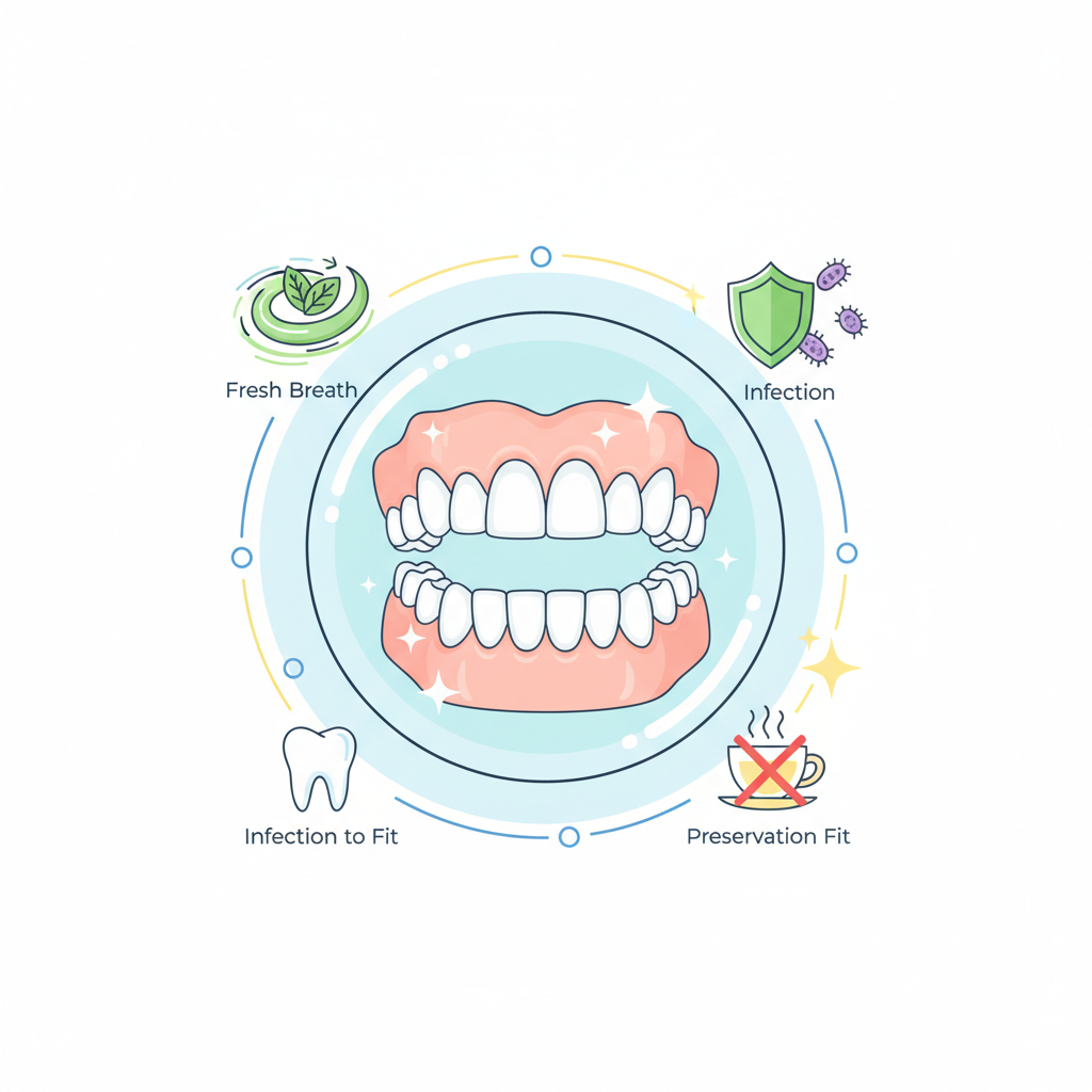 Eine freundliche, moderne Vektor-Illustration, die die positiven Auswirkungen der regelmäßigen Kunstgebissreinigung darstellt. Im Mittelpunkt steht ein strahlend weißes und gesund aussehendes Kunstgebiss, das in einer Art Schutzblase oder Umriss schwebt. Um dieses zentrale Element herum sind mehrere kleine, miteinander verbundene Icons oder Symbole angeordnet: ein frischer Atem (angedeutet durch Minzblätter oder Luftwirbel), ein Schutzschild gegen kleine Bakteriensymbole (symbolisiert Infektionsschutz), eine intakte Zahnform (für den Erhalt der Passform) und ein Kaffee- oder Teetasse mit einem 'Nein'-Symbol darüber (gegen Verfärbungen). Die Farbpalette ist hell und einladend, um Sauberkeit und Gesundheit zu vermitteln.