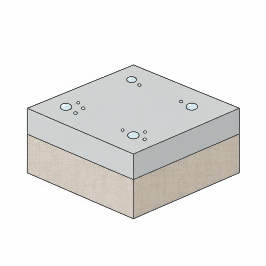 A clean, minimalist infographic-style illustration depicting a cross-section of synthetic leather material. The illustration should clearly show a subtly textured textile base layer, topped with a smooth, uniform polymer coating. On the surface of the polymer layer, a few tiny, perfectly spherical water droplets are visible, indicating water repellency, but without explicitly showing a 'splash' or motion. The overall impression should be of a durable, layered, and non-organic material. Use a palette of muted, professional colors like soft grays, beiges, and a subtle light blue for the water droplets, conveying structure and resilience.