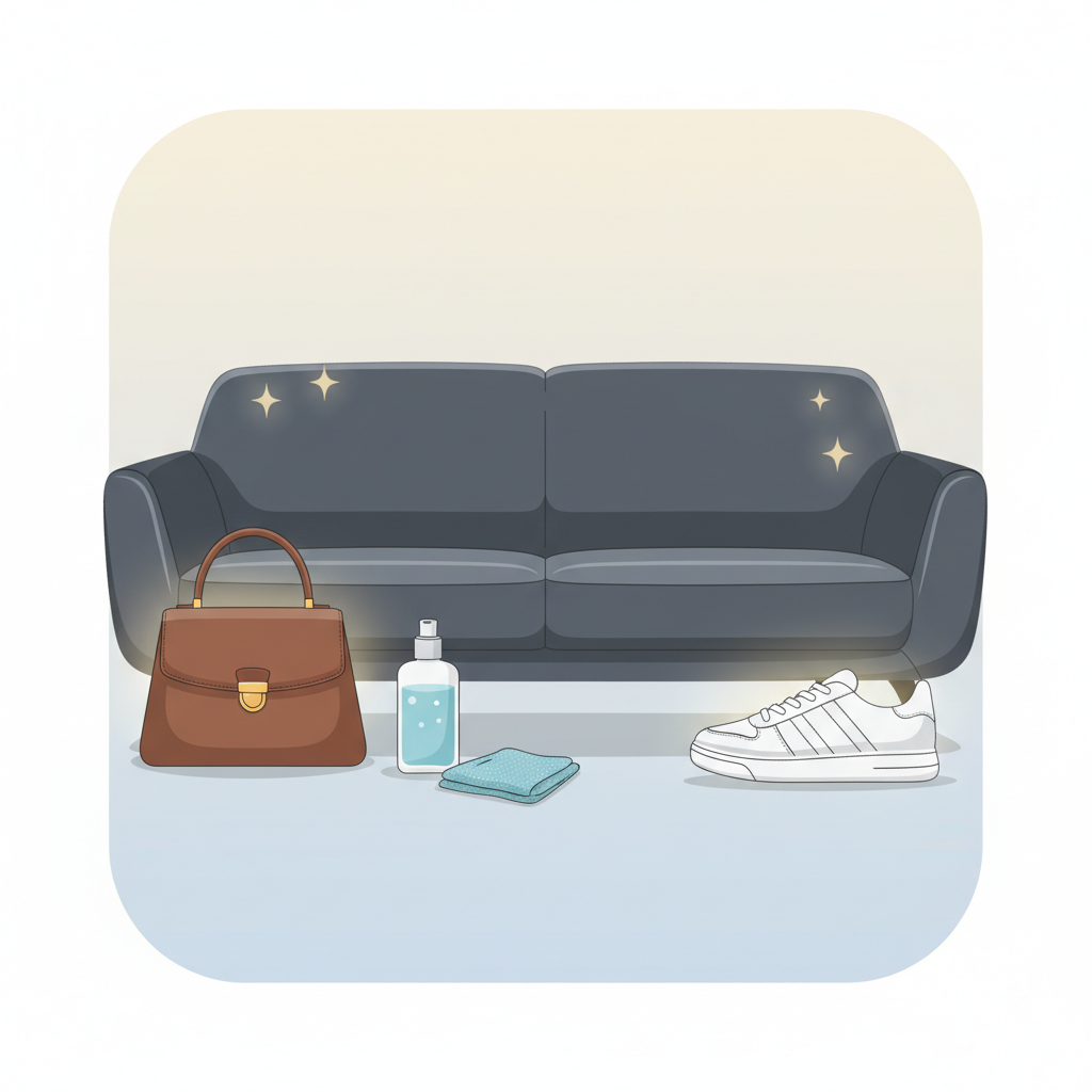 A modern flat illustration depicting a collection of common faux leather items arranged aesthetically. This includes a sleek section of a grey sofa, a chic brown handbag, and a clean white sneaker with faux leather elements, all presented in a pristine, 'just cleaned' state, radiating a soft glow. A minimalist representation of a gentle cleaning liquid bottle and a microfibre cloth could be subtly integrated nearby. The color palette should be clean and inviting, highlighting the versatility and maintained beauty of faux leather.