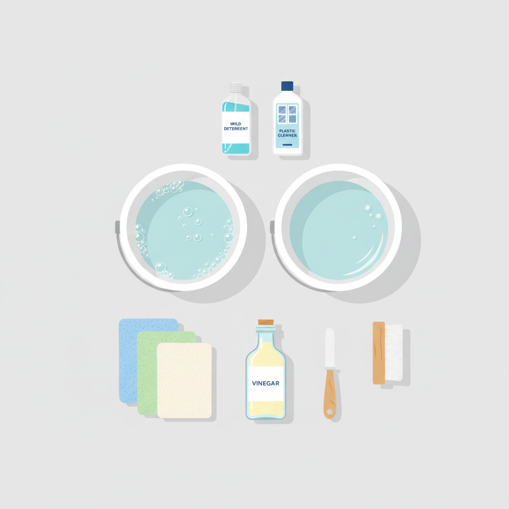 A vibrant, clean flat lay illustration showcasing various cleaning essentials for plastic window frames. Neatly arranged on a light, uncluttered surface are several soft microfiber cloths, two buckets (one appearing to contain soapy water with a few bubbles, the other clear water), a generic bottle of mild liquid detergent, a bottle of a specialized plastic cleaner, a bottle of vinegar, a melamine sponge, and a small, soft-bristled brush. The composition should be inviting and organized, emphasizing readiness for effective window frame cleaning.