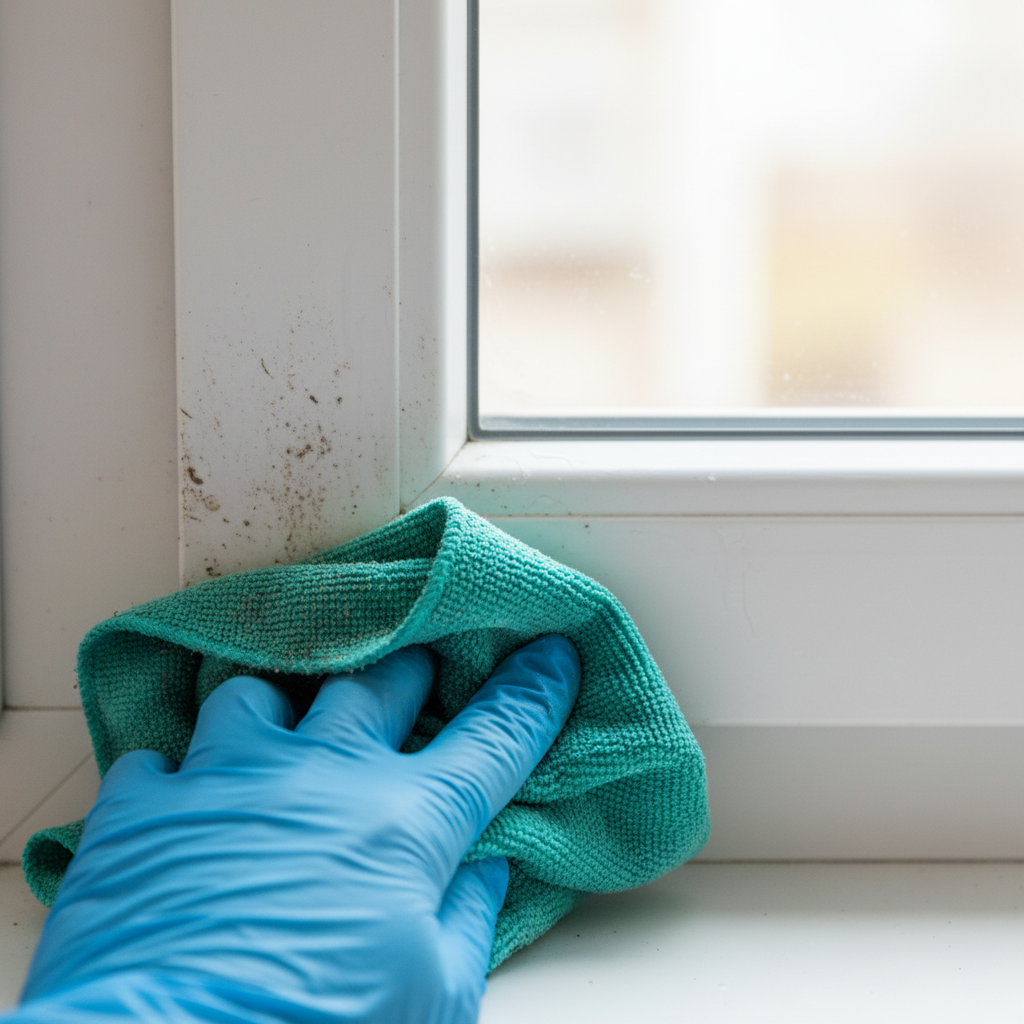 A dynamic professional photograph showcasing the transformation of a plastic window frame. The image features a close-up of a white plastic window frame, visually divided: one side clearly displays accumulated dirt, dust, and minor grime, while the adjacent section is impeccably clean and gleaming, reflecting ambient light. A hand, possibly wearing a protective glove, is gently wiping the dirty section with a damp microfiber cloth, illustrating the direct process of cleaning and the striking difference in cleanliness. The photo should emphasize crisp detail and the visual contrast.